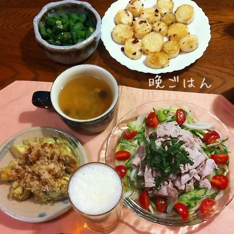 豚しゃぶサラダ、焼きナス、野菜スープ、オクラ胡麻和え、長いも|yakinasuさん