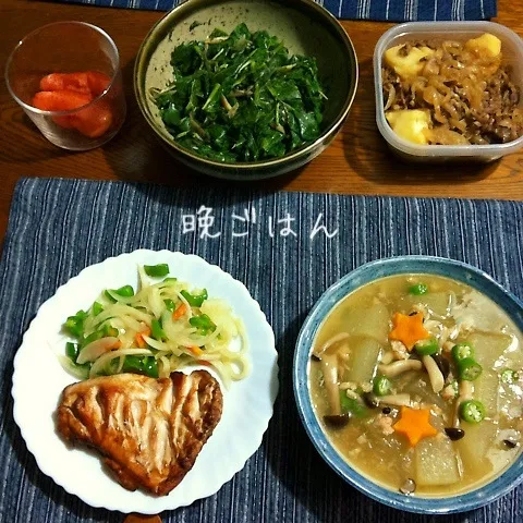 鶏胸肉ニンニク醤油焼き、冬瓜シメジ蟹あんかけ、モロヘイヤ|yakinasuさん