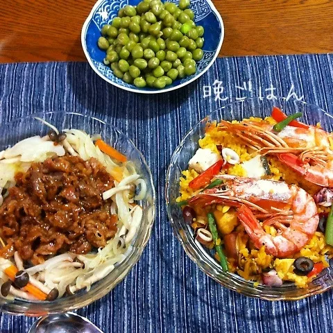 シーフードパエリア、焼肉、野菜炒め、塩エンドウ豆|yakinasuさん