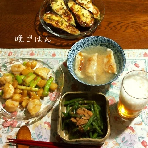 Snapdishの料理写真:ホタテアスパラじゃがバター醤油、茄子味噌マヨ焼き、インゲン|yakinasuさん