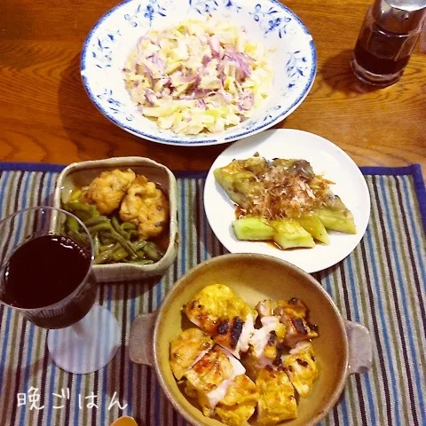 タンドリーチキン、キャベツ胡麻サラダ、焼きナス、がんも隠元煮|yakinasuさん