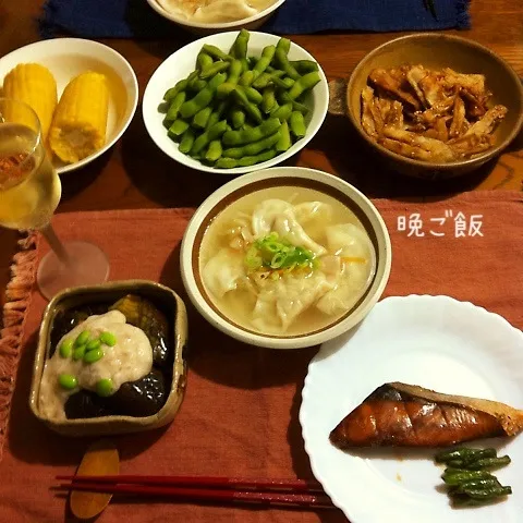 鰤ポン酢照り焼き、茄子煮浸し長芋かけ、スープ餃子、牛蒡から|yakinasuさん