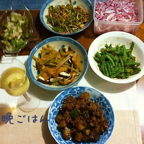 カボチャと茄子肉味噌、蕗とあげの煮物、オクラチーズ、他|yakinasuさん