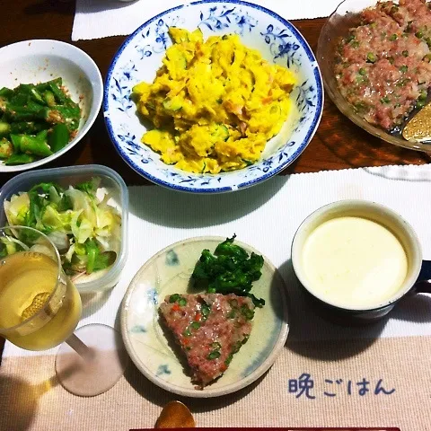 野菜いっぱいミートローフ、カボチャサラダ、オクラ胡麻和え、|yakinasuさん