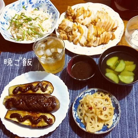 鶏酢煮、蓮根キンピラ、茄子田楽、大根オイマヨ、レモンブランデ|yakinasuさん