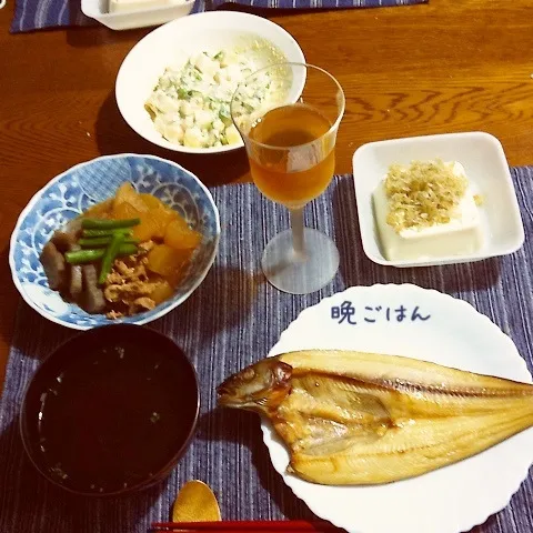 Snapdishの料理写真:ホッケ開き、大根蒟蒻味噌煮、長芋オクラ明太マヨ、ジャコ豆腐|yakinasuさん