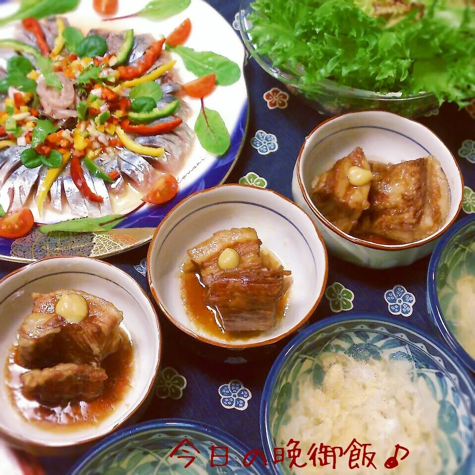 晩御飯♡豚角煮＆鯵のカルパッチョ＆豚角煮の茹で汁で卵スープ♡|おれくっしゃんさん