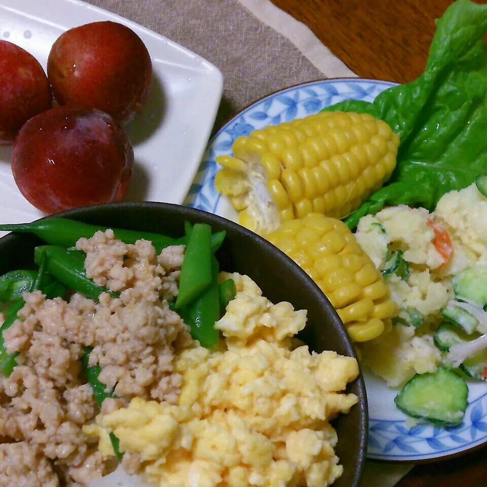 鶏そぼろ丼とポテトサラダ〜～|おれくっしゃんさん