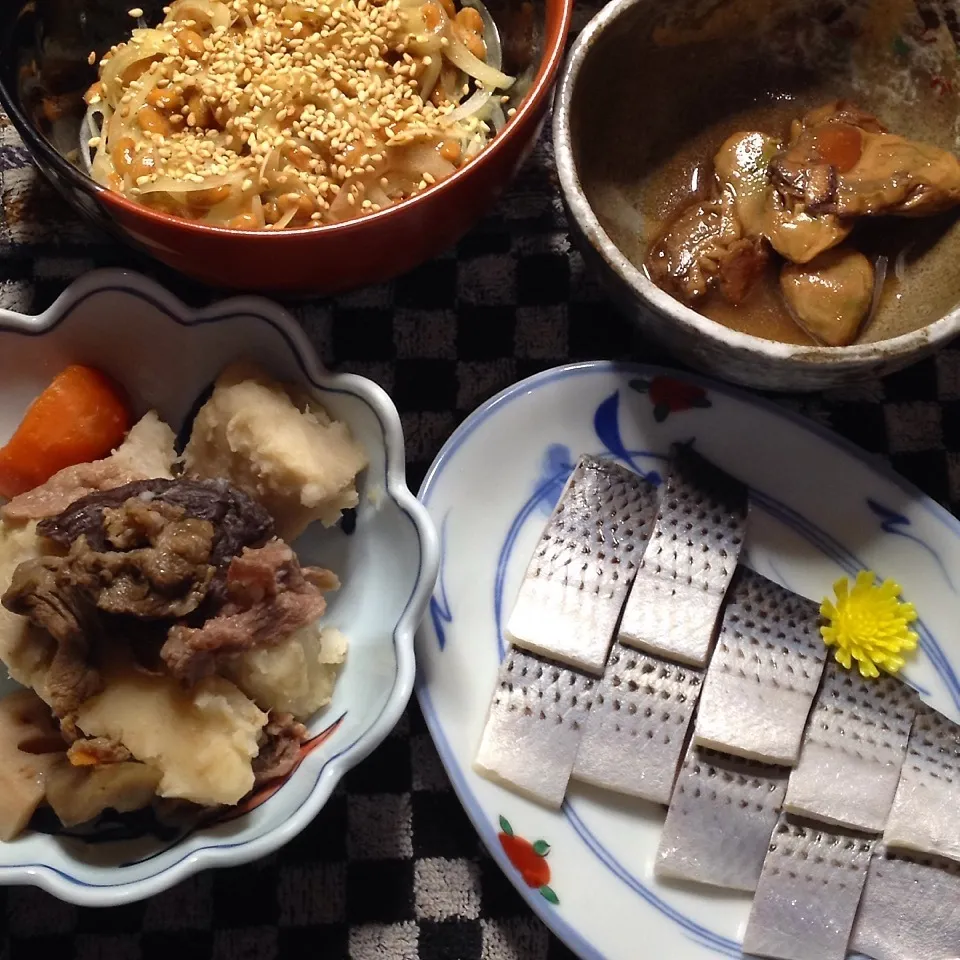 コハダ・牡蠣佃煮・芋煮・玉葱納豆。|Makokoさん