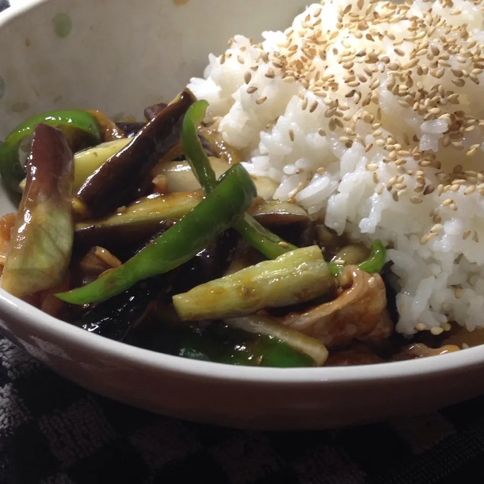 Snapdishの料理写真:麻婆の素で茄子ピー肉。|Makokoさん