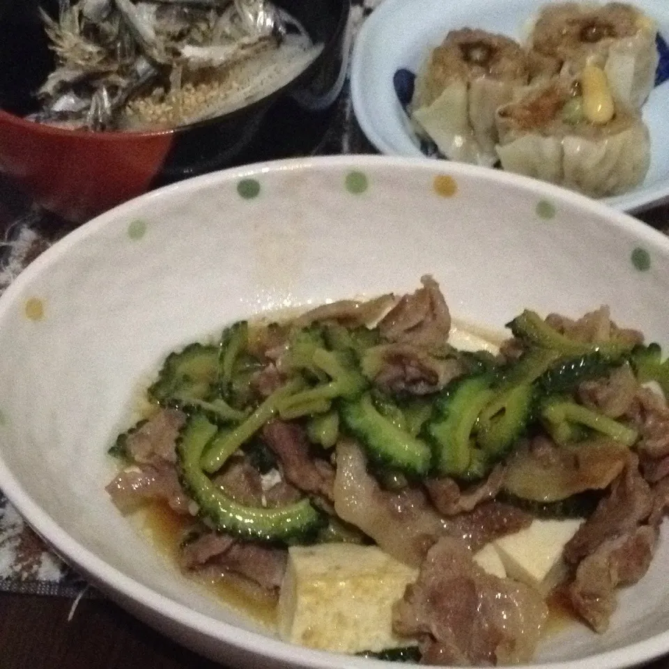 Snapdishの料理写真:ゴーヤ肉豆腐。煮干玉葱。焼売。|Makokoさん