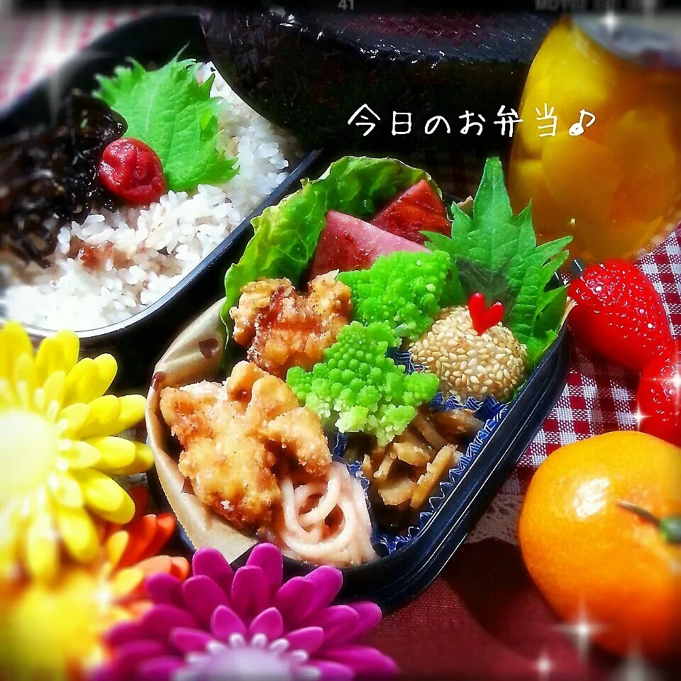 Snapdishの料理写真:今年 最後のお弁当～ｶﾎﾞｽ塩の唐揚げ♪|つばさ(nao)さん