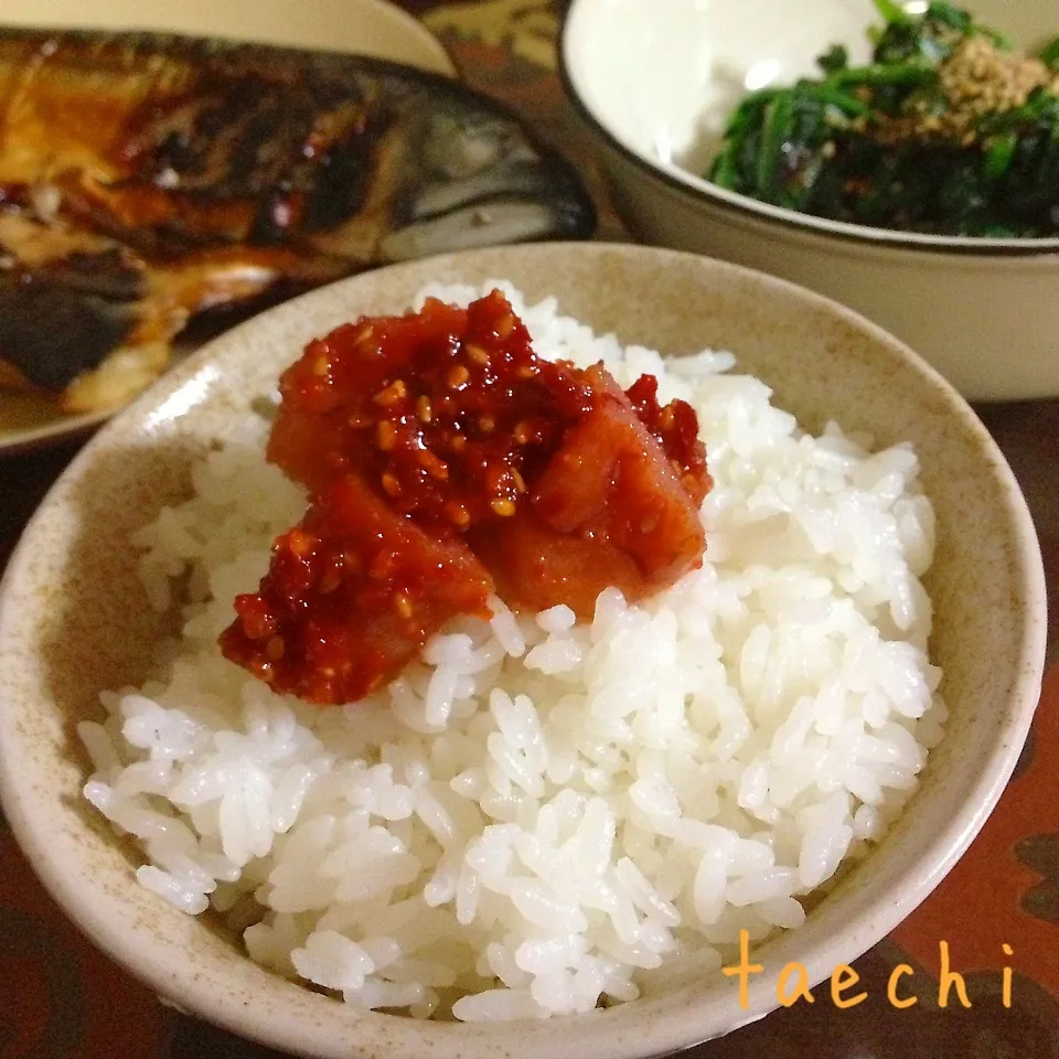 タラコキムチ、ほうれん草のお浸し、焼き魚|Taechi309さん