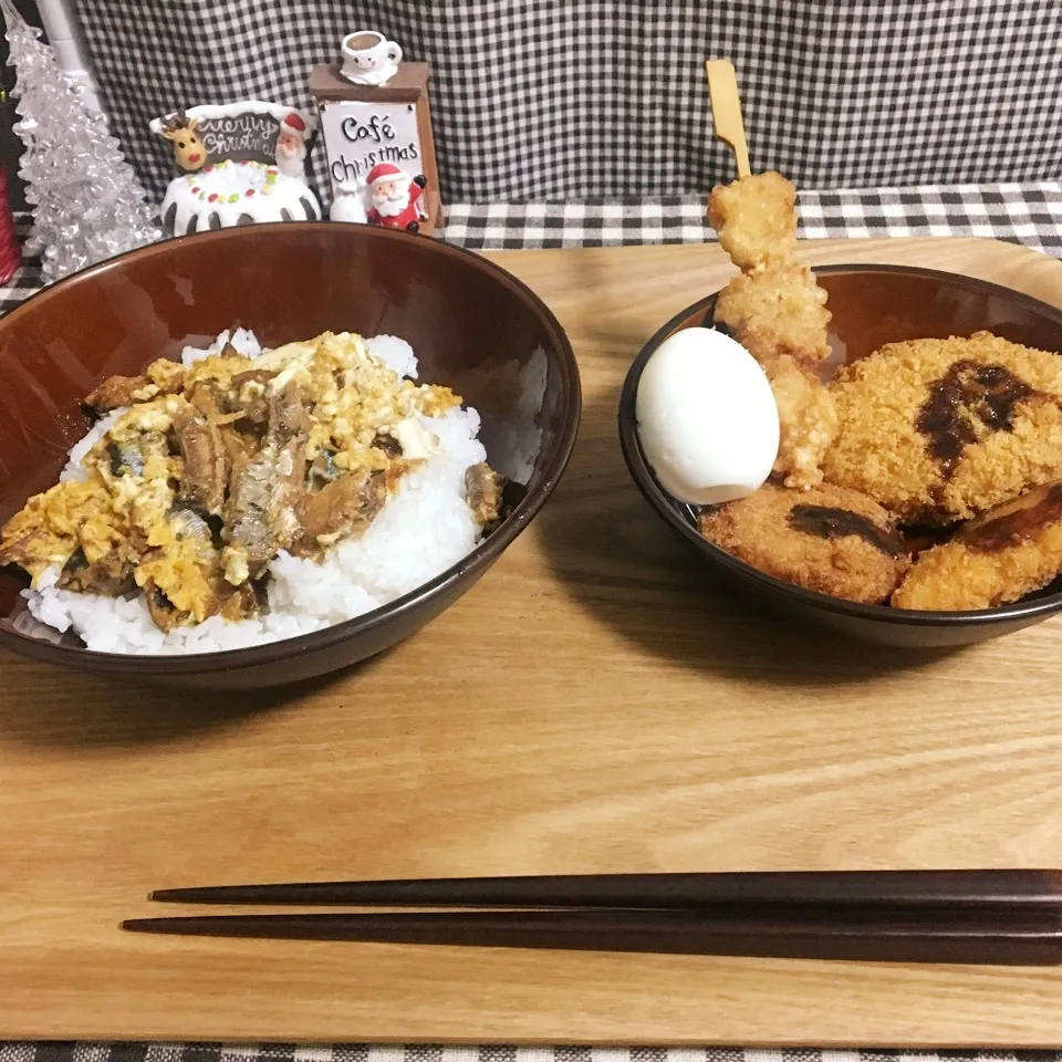 さんまの蒲焼缶で簡単卵とじ丼とフライ盛合せ|まぁたんさん