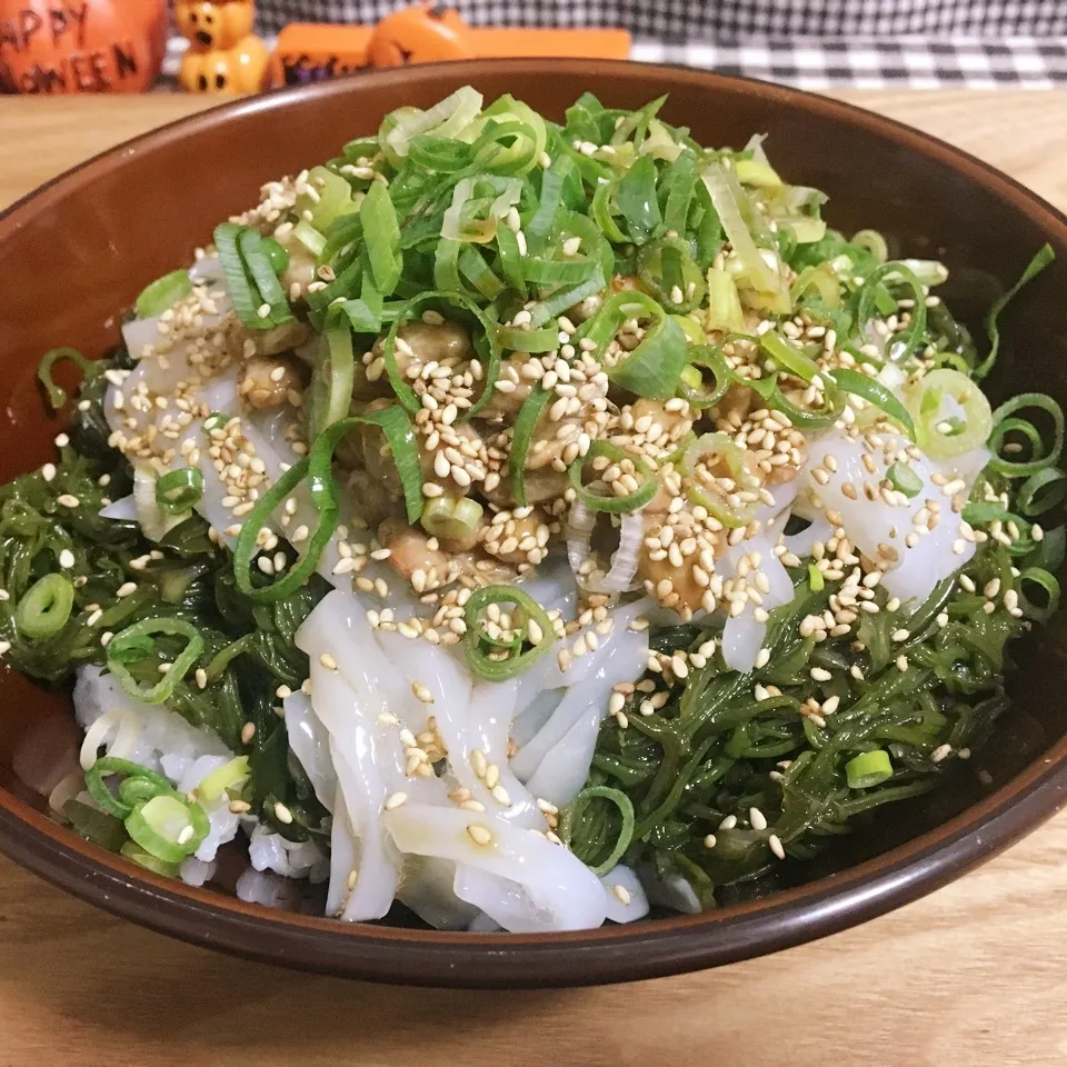 ボリューム満点めかぶイカ納豆ご飯|まぁたんさん