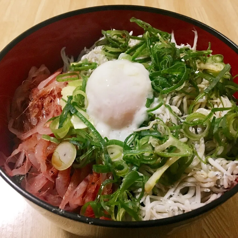 【飯研】温玉のせ生桜えび＆シラスの2色丼|まぁたんさん