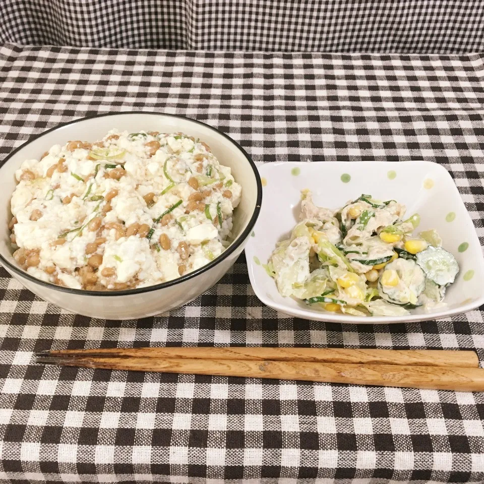 【飯研】【朝食】納豆腐ご飯と作り置きサラダ|まぁたんさん