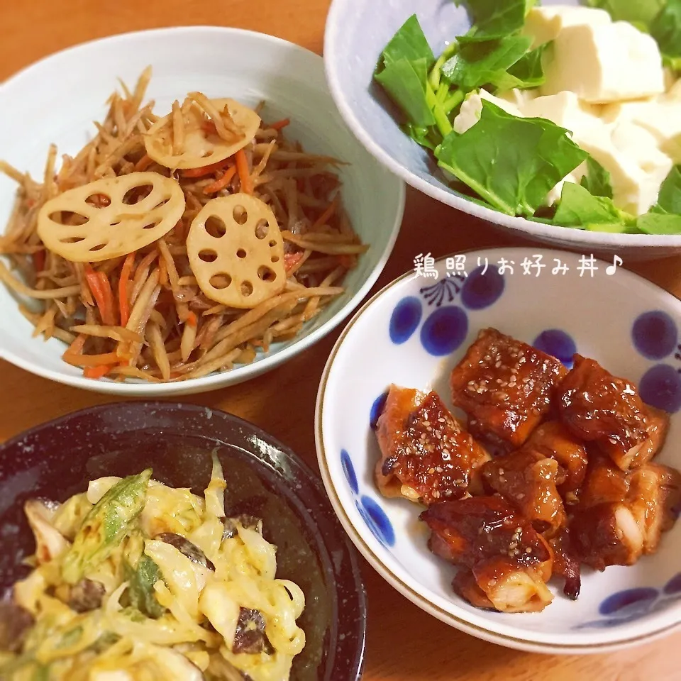 Snapdishの料理写真:＊鶏の照り焼きとごはんおかずでお好み丼♪＊|ultramarineさん