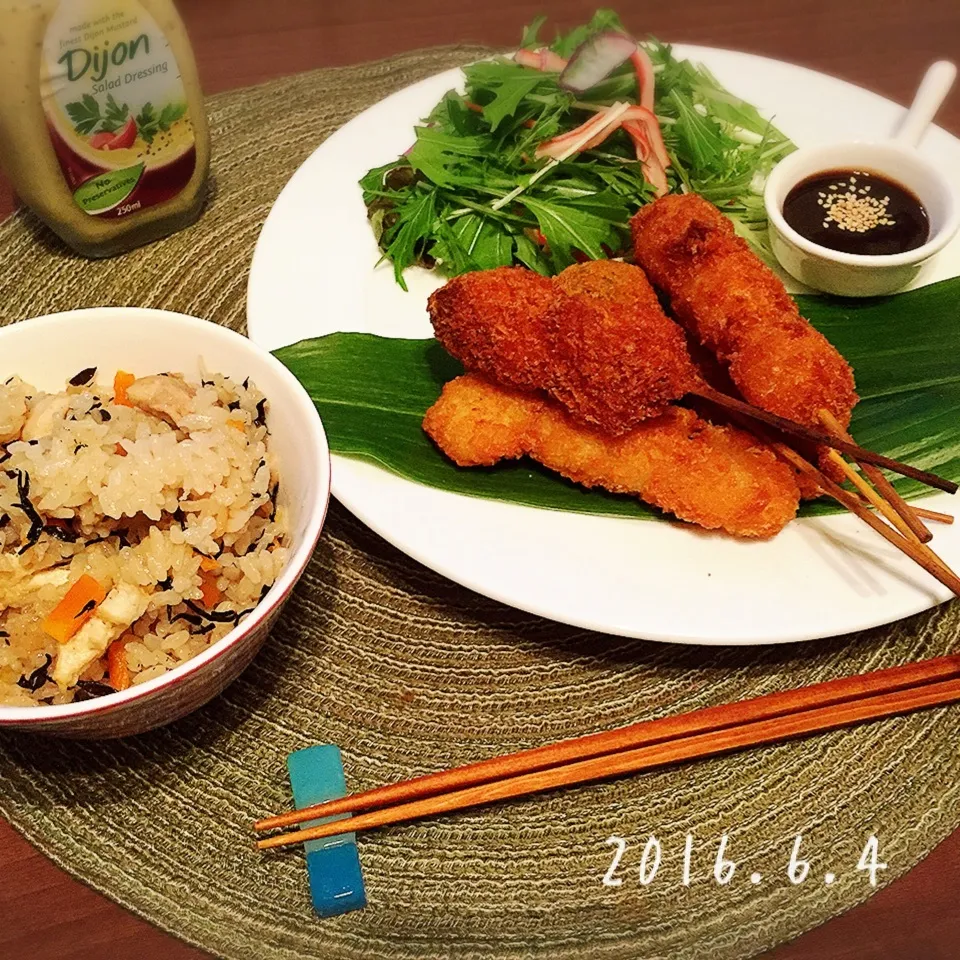 ひじきと鶏肉の炊き込みご飯、串かつ|さくらさん