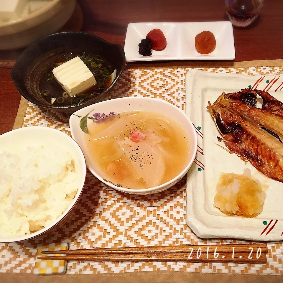 あじの開き、カブのコンソメスープ、湯豆腐|さくらさん