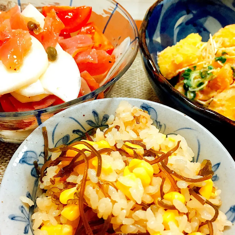 とうもろこしと塩昆布ご飯
カブと生ハムのマリネ
明太子ポテサラ|mykeyさん