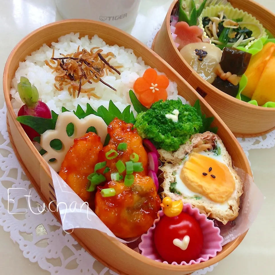 主人の夜勤弁当♡白魚のチリソース和え・ほっこり里芋の煮物〜♪|★えっちゃん★さん