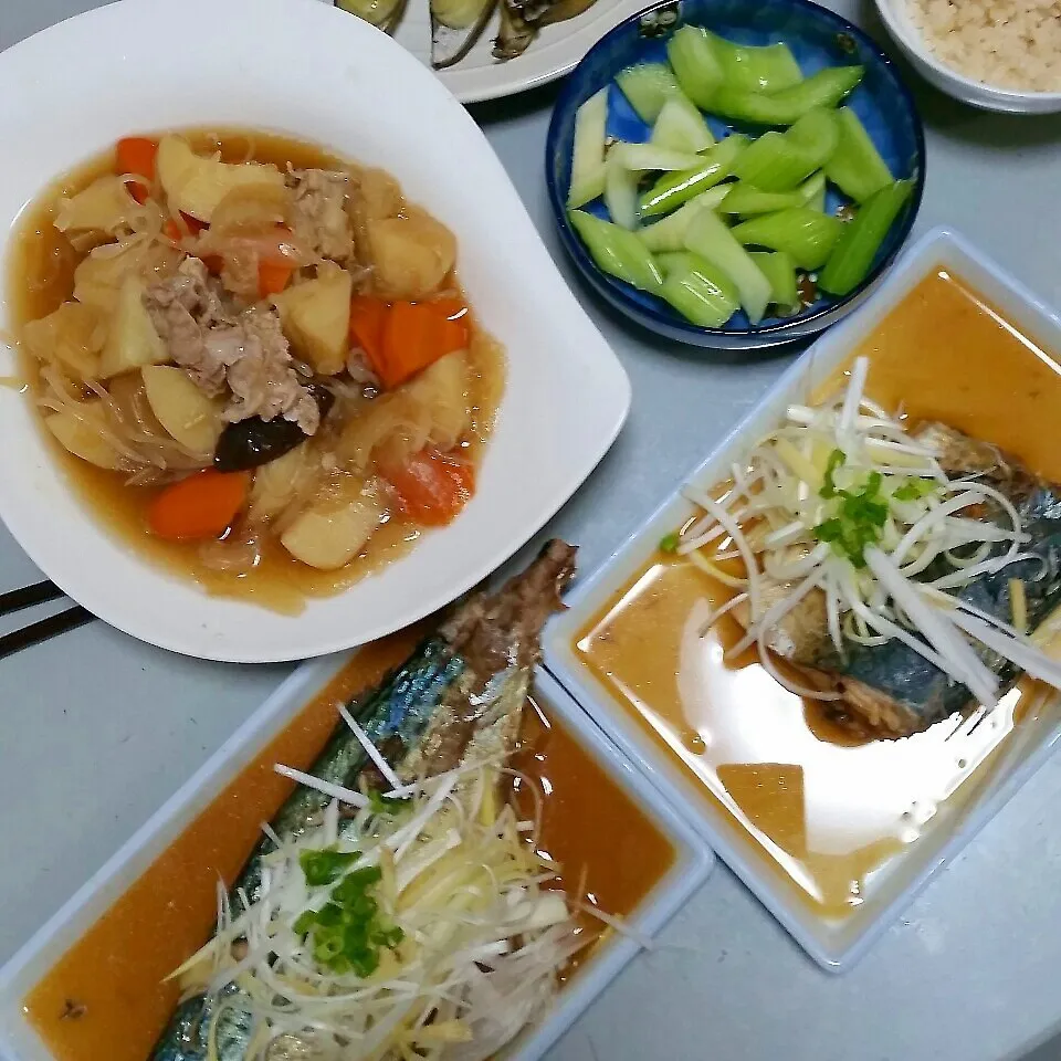 Snapdishの料理写真:サバの味噌煮、肉じゃが、セロリの漬物|かずよさん