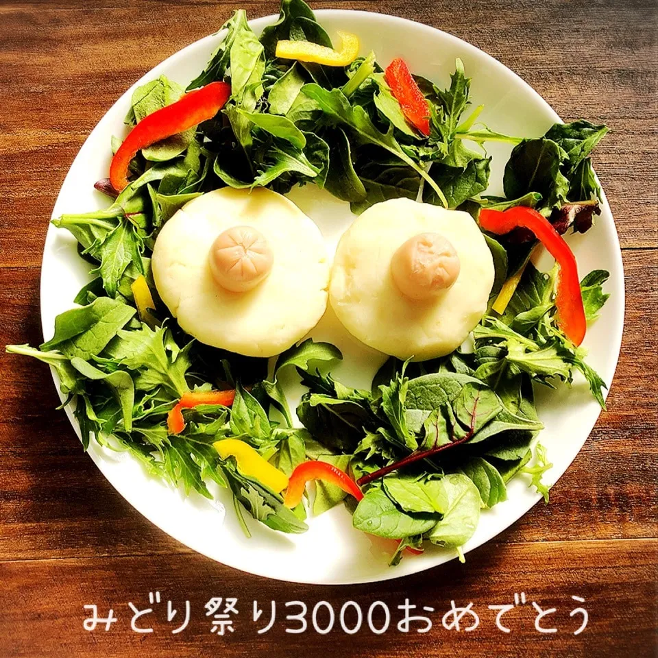 Snapdishの料理写真:祝けろよん3000みどり祭りリースサラダでお祝い♡|好ちゃんさん