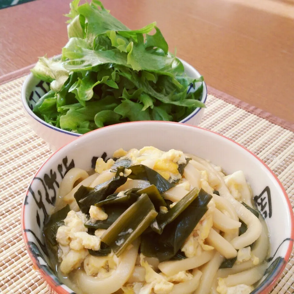 Snapdishの料理写真:シンプルレタスのみサラダと玉子とじネギうどん🍜|みっぷんさん