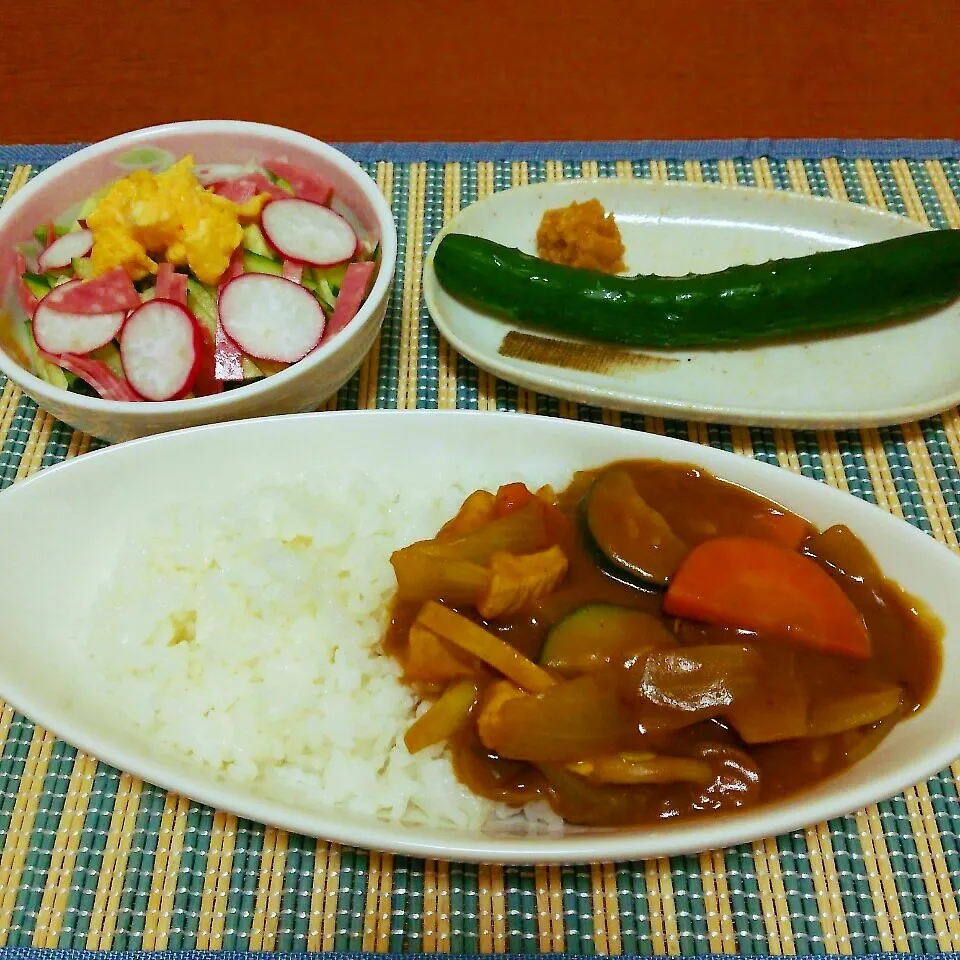 Snapdishの料理写真:夏野菜カレーと朝採りきゅうり|みっぷんさん