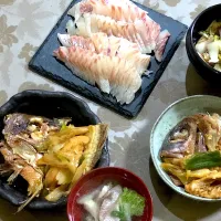 Snapdishの料理写真:鯛1匹、まるごと使って夕飯|ちゃちゃあ丸さん