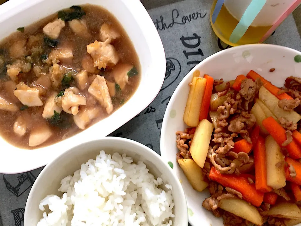 根菜のひき肉炒めと鶏むね肉のおろし煮！|あんこさん