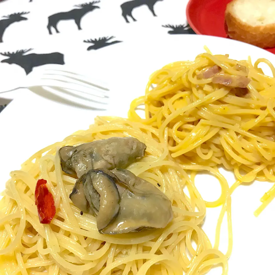 パスタ2種🍴牡蠣のグレープシードオイル漬け＆カルボナーラ|もじゅさん