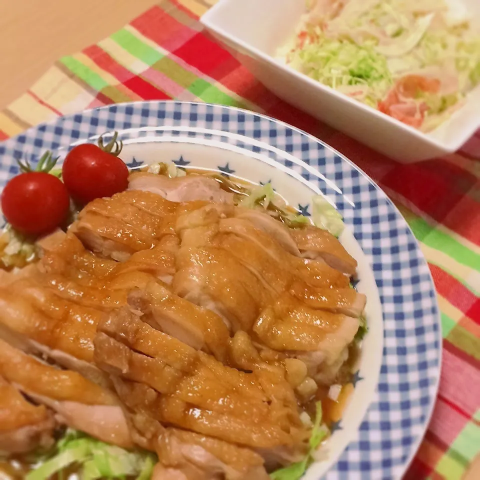 鶏の照り焼き&キャベツと新タマとカニカマのマヨポンサラダ♪|にゃんさん