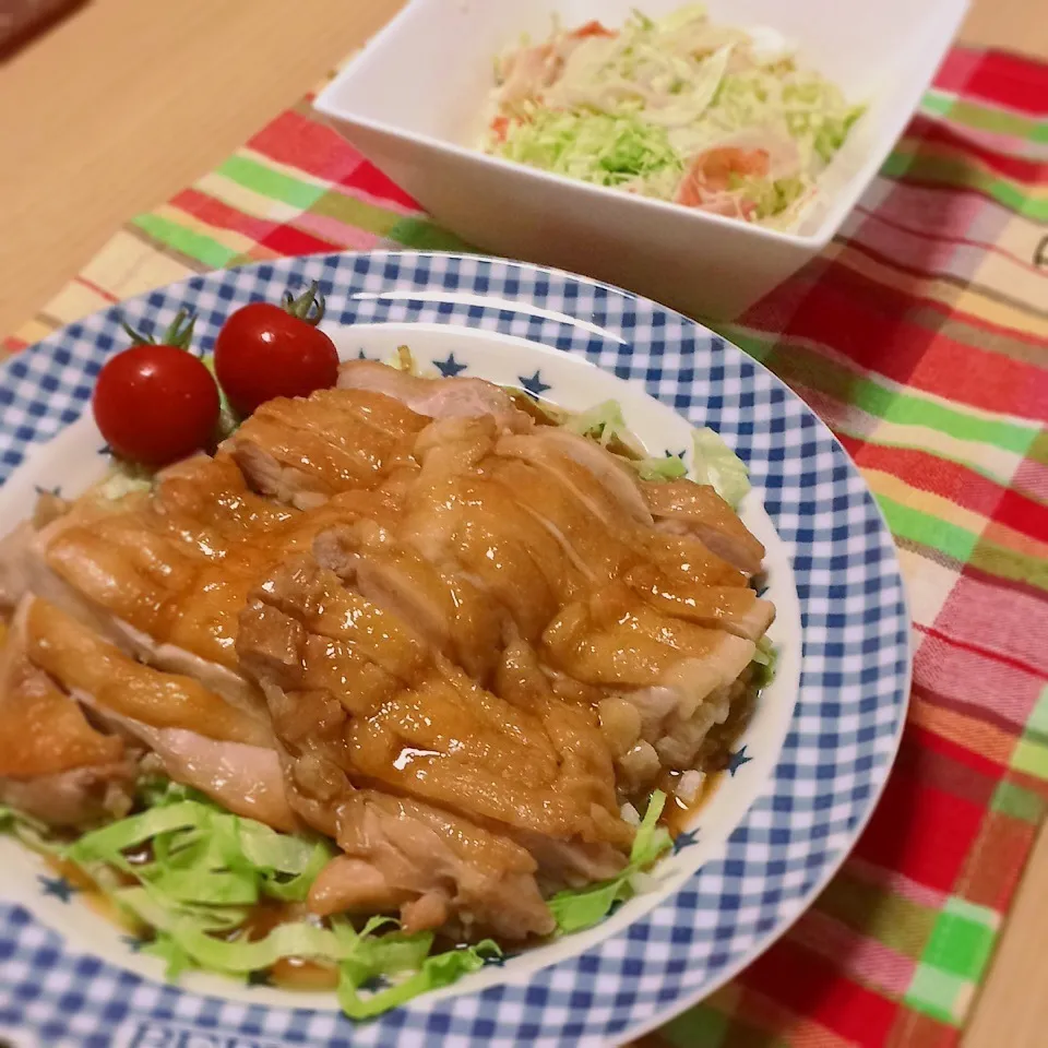 鶏の照り焼き&キャベツと新タマとカニカマのマヨポンサラダ♪|にゃんさん