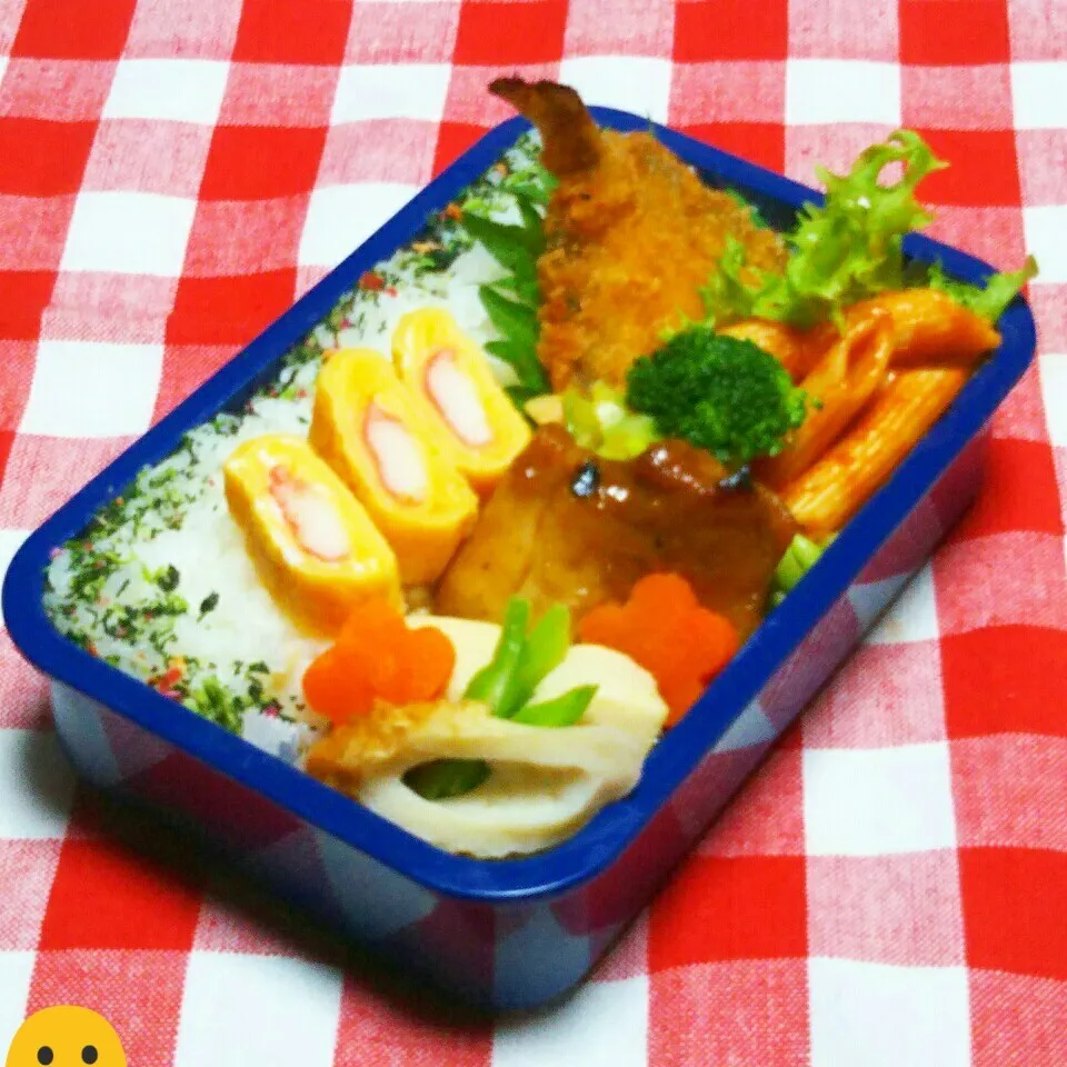 息子のお弁当(リク、カレー照り焼き、強制鯵フライ😙)|かあたん(元ポップン)さん