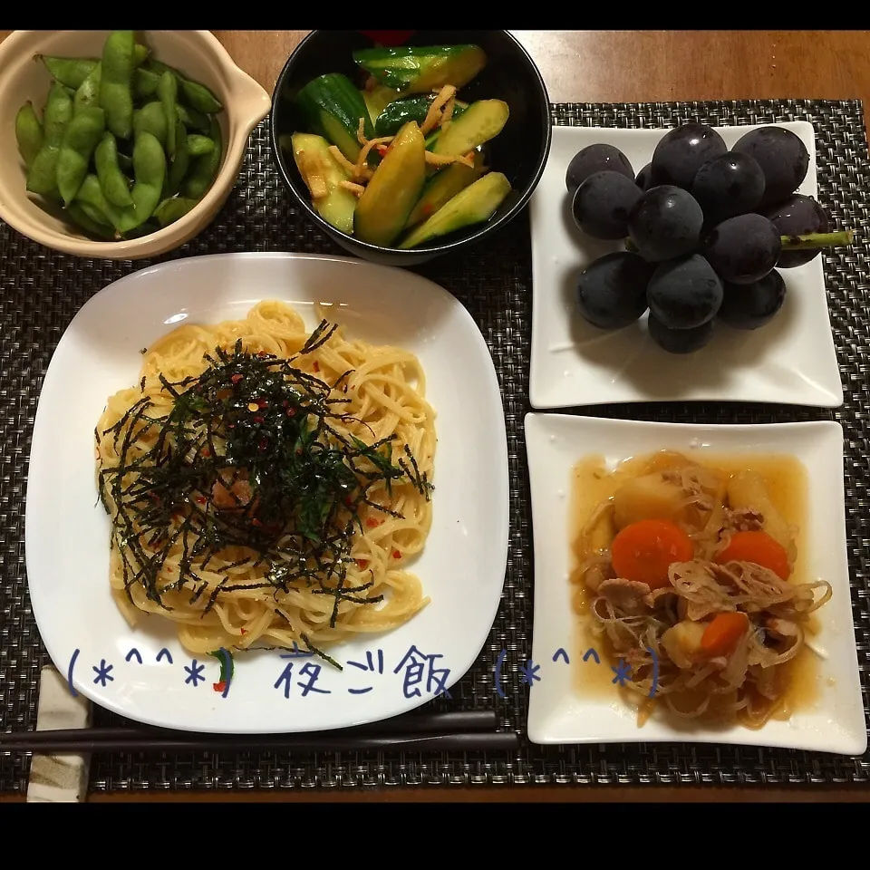 Snapdishの料理写真:9/16(水) 夕食 明太子パスタと肉じゃがと華風きゅうり|♡Hiromi Shimatani♡さん