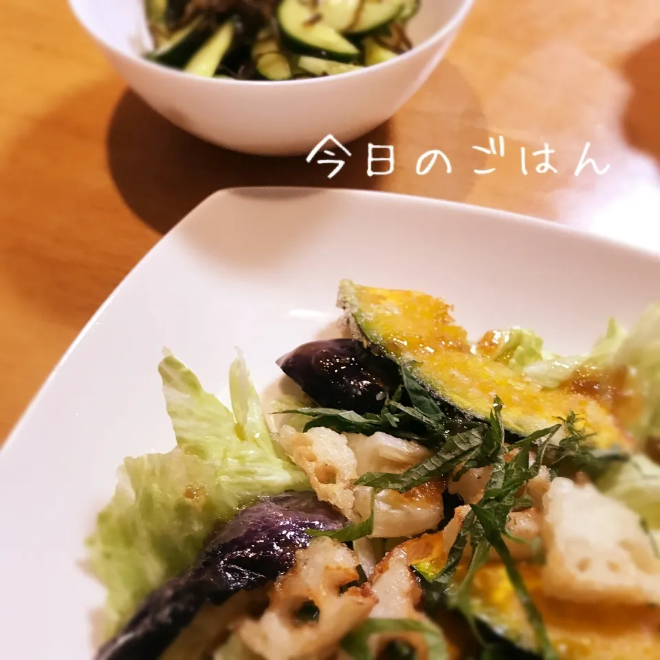 あげ野菜のサラダ、きゅうりと塩昆布の漬物⭐️|kaokaoさん