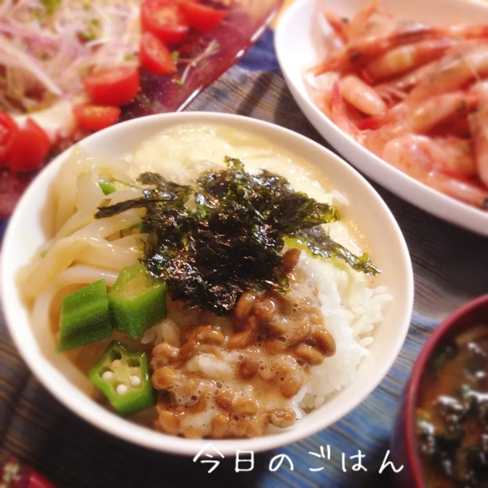 ネバトロ丼、タコのカルパッチョ、味噌汁|kaokaoさん