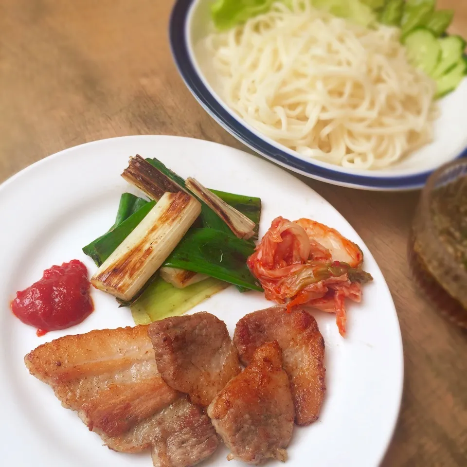 サムギョプサルとねぎ焼きと素麺|しゃおろんさん