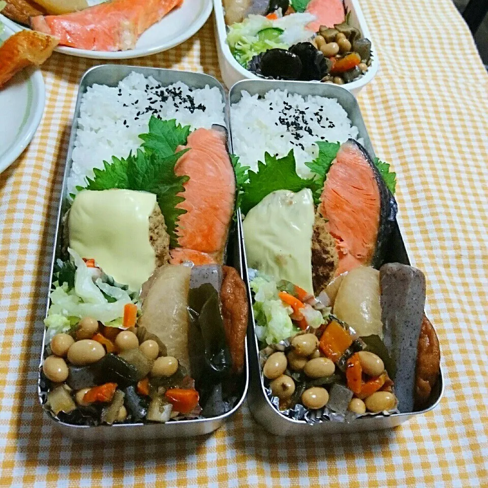 Snapdishの料理写真:焼き鮭とチーズハンバーグ弁当🍱|ひなちゃんさん