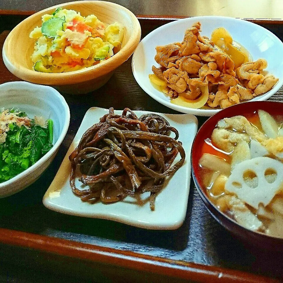 焼き肉、ポテトサラダ、ゼンマイ油炒め、冬菜のお浸し、根菜味噌|ひなちゃんさん