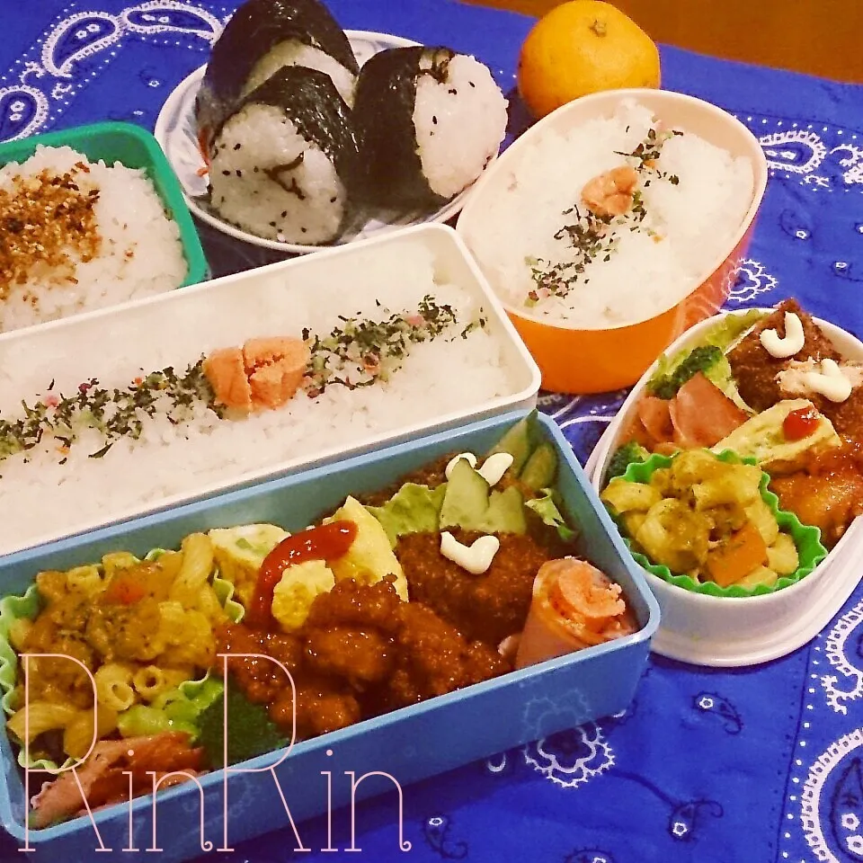 Snapdishの料理写真:12*1 高一男子弁当&自分弁当～カレーマカロニ～♪|rinrin*mama*さん