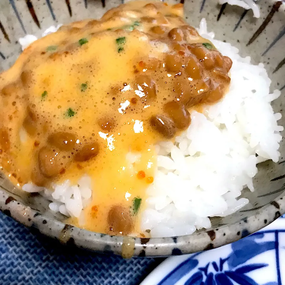 炊きたて熱々ご飯に
かき混ぜ、かき混ぜ納豆をかけて
かきこむ|シュトママさん