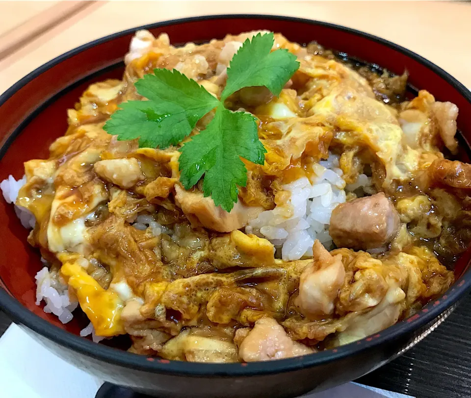 低糖質ロカボからは果てしなく程遠い昼餉🐔八丁味噌親子丼どす。八丁味噌で育った名古屋生まれの私でも、これは味噌ダレが甘くてキツイなぁ…|にゃあ（芸名）さん