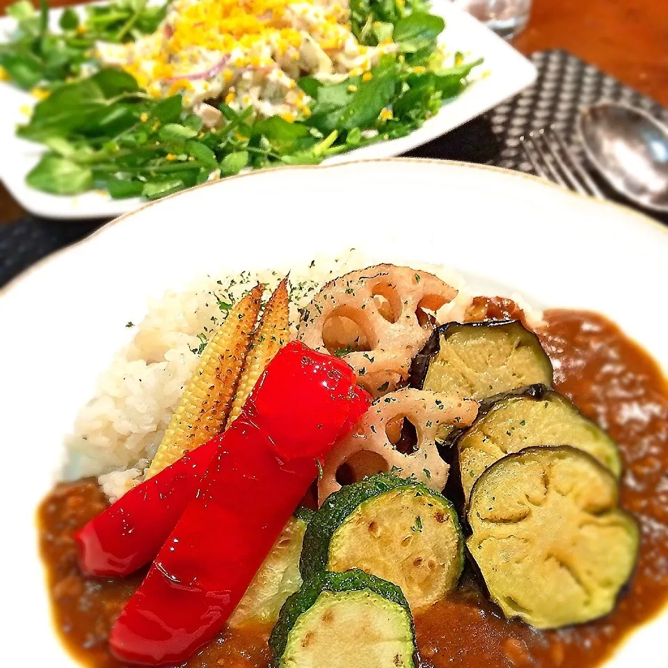 素揚げ野菜たっぷりカレー&鶏胸肉のミモザサラダ|Lizさん