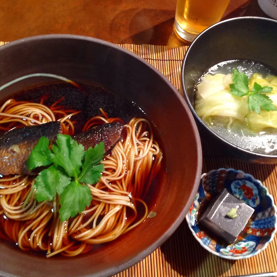 Snapdishの料理写真:にしん蕎麦、胡麻豆腐、お餅の白菜巻き|Lizさん