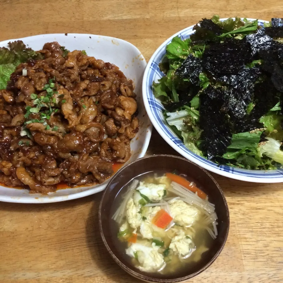 チョレギサラダ，豚肉のピリ辛炒め，中華スープ|ユッコさん