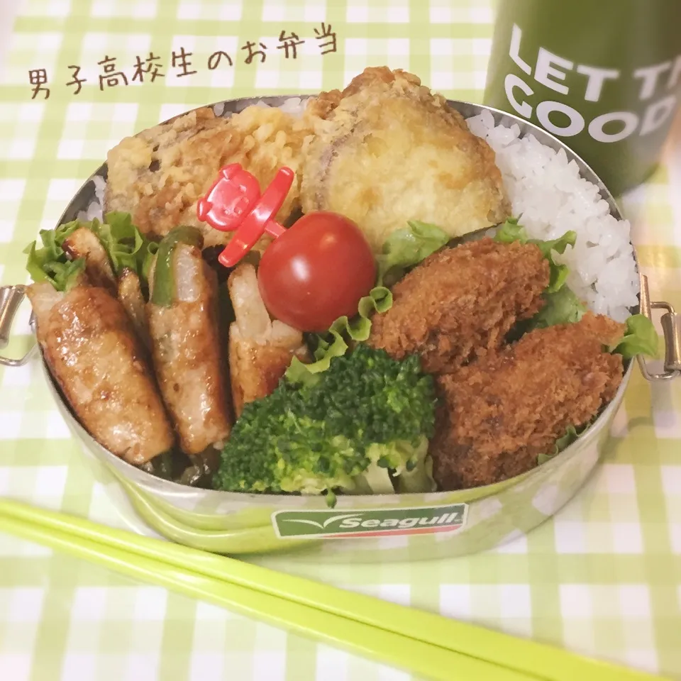 Snapdishの料理写真:高1男子のお弁当 肉巻き メンチカツ|チャコさん