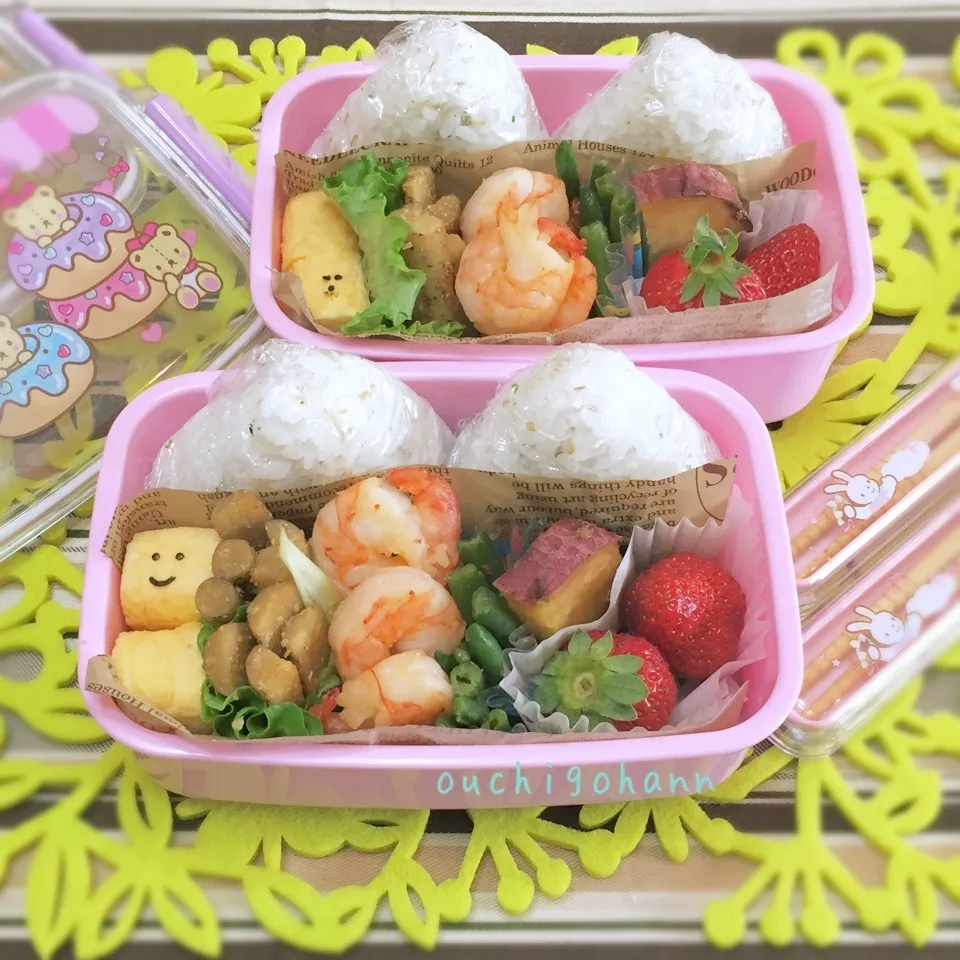 Snapdishの料理写真:大好きエビ♡の双子ちゃん塾弁^_^|sweet homeさん